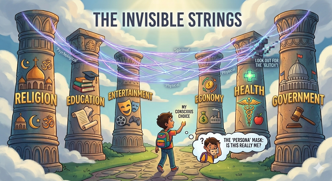 A cartoon image of a boy walking on a cobble path between the 6 pillars of society connected by an energy web, titled "The Invisible Strings"; Religion, Education, Entertainment, Economy, Health, and Government.
