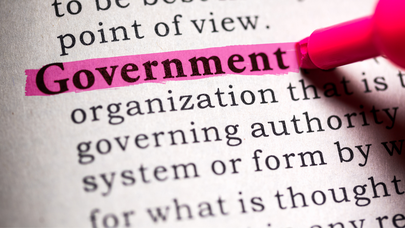 Close up of a textbook excerpt and the word Government is highlighted in pink highlighter.